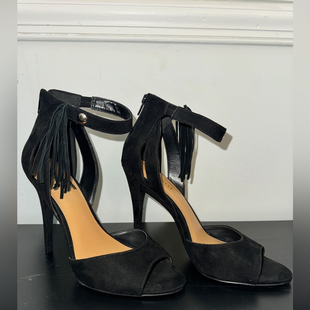 Black Fringe Detail Peep Toe Heels